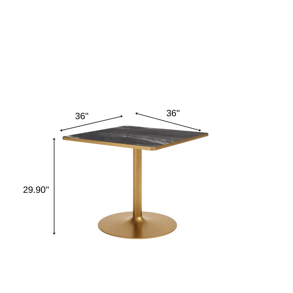36" Gray And Black Faux Marble And Steel Pedestal Base Square Dining Table