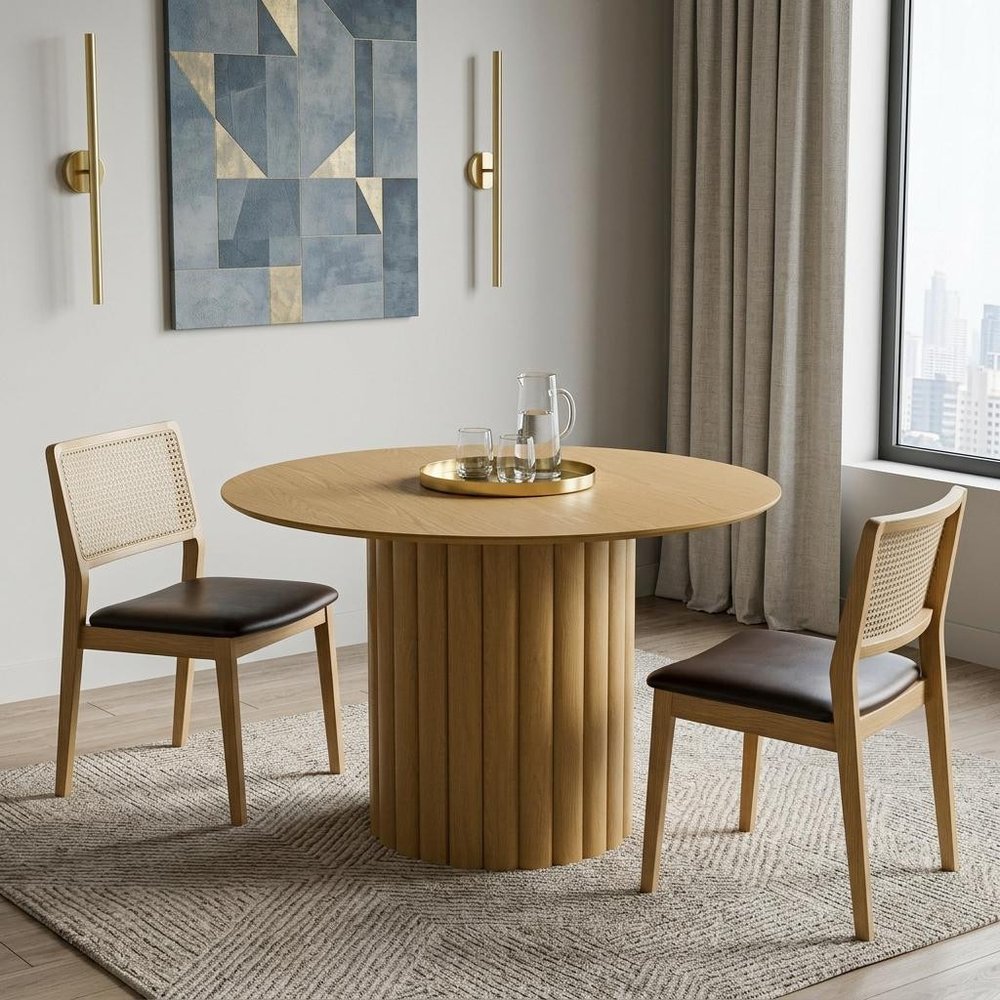 46" Natural Solid Wood Pedestal Base Round Top Dining Table