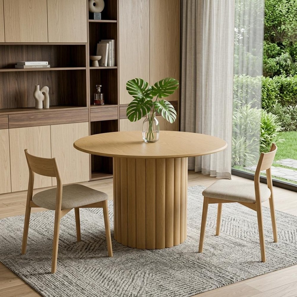 46" Natural Solid Wood Pedestal Base Round Top Dining Table