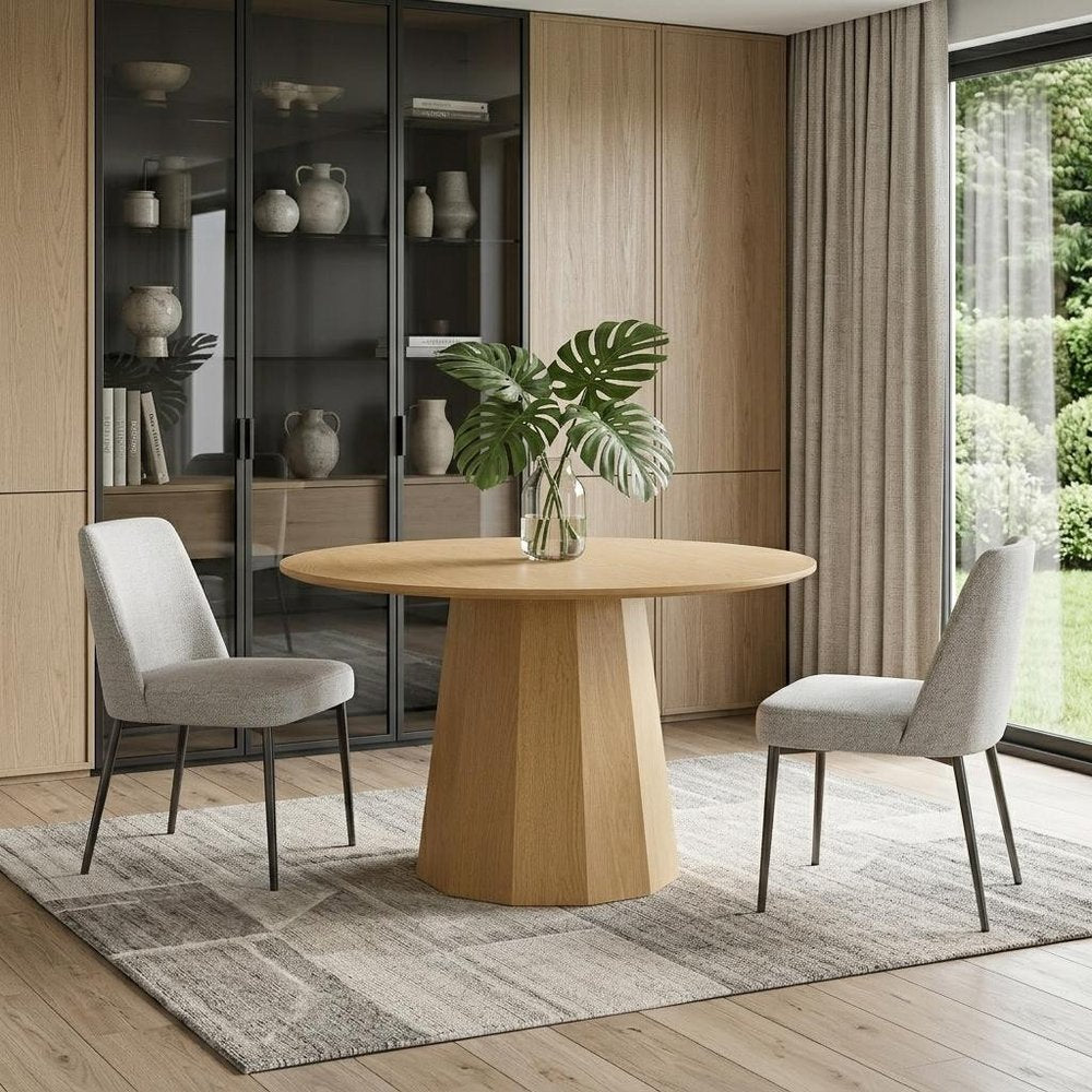 46" Oak Wood Pedestal Base Straight Edge Round Top Dining Table