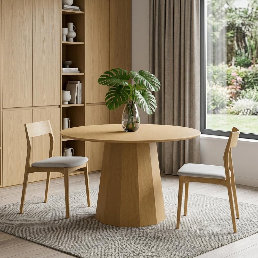 46" Oak Wood Pedestal Base Round Top Dining Table