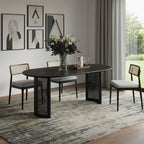 79" Black Solid Wood With Rattan Double Pedestal Base Oval Dining Table