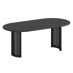 79" Black Solid Wood With Rattan Double Pedestal Base Oval Dining Table