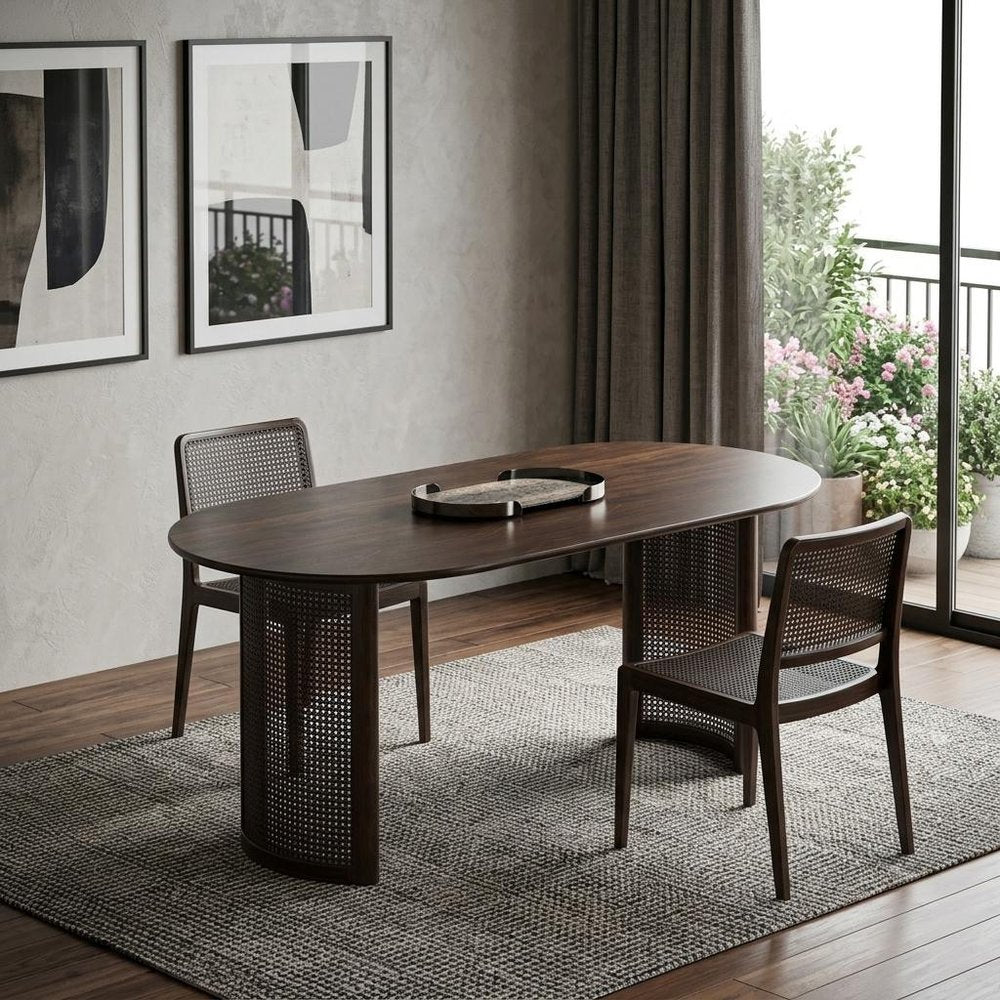 67" Walnut Wood Double Pedestal Base Oval Dining Table