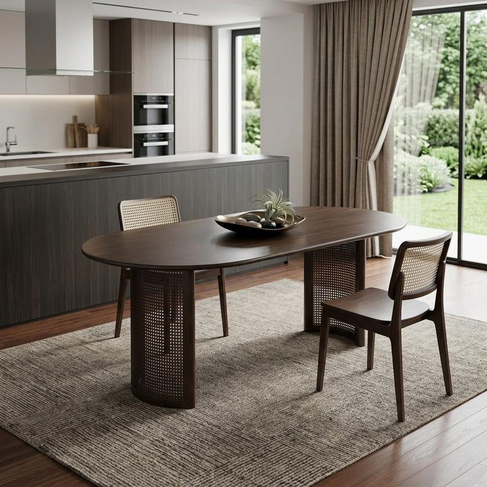 67" Walnut Wood Double Pedestal Base Oval Dining Table