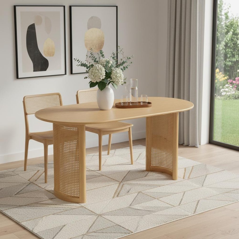 67" Natural Solid Wood With Rattan Double Pedestal Base Oval Dining Table