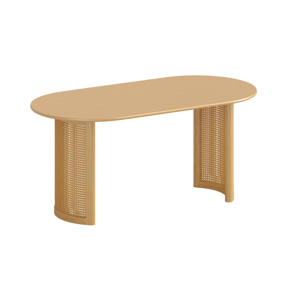 67" Natural Solid Wood With Rattan Double Pedestal Base Oval Dining Table