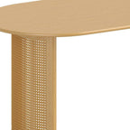 67" Natural Solid Wood With Rattan Double Pedestal Base Oval Dining Table