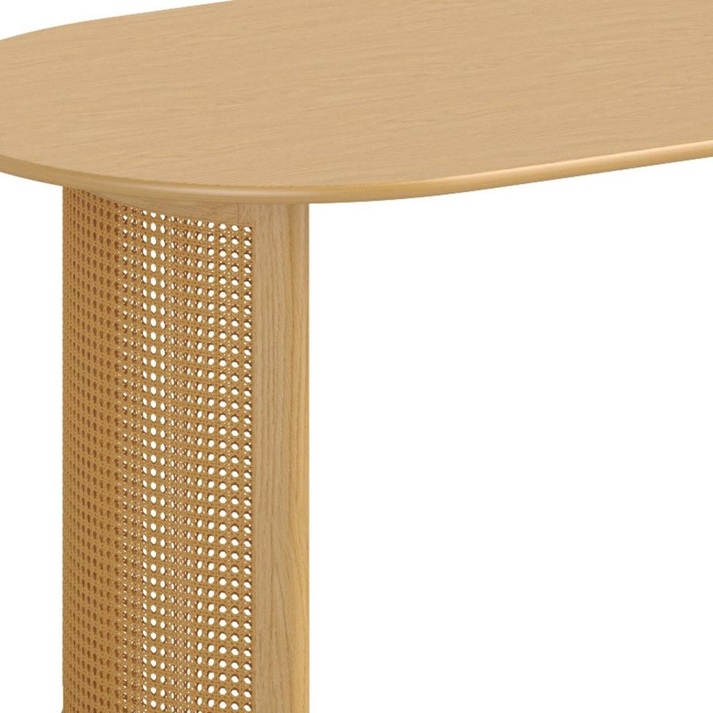 67" Natural Solid Wood With Rattan Double Pedestal Base Oval Dining Table