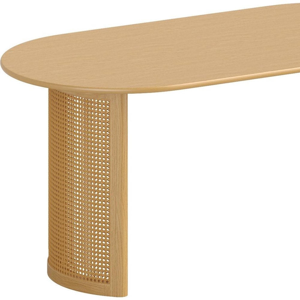 67" Natural Solid Wood With Rattan Double Pedestal Base Oval Dining Table