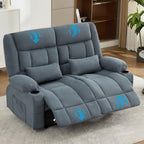 47" Slate Blue and Black Microfiber Manual Reclining Loveseat With Storage and Toss Pillows