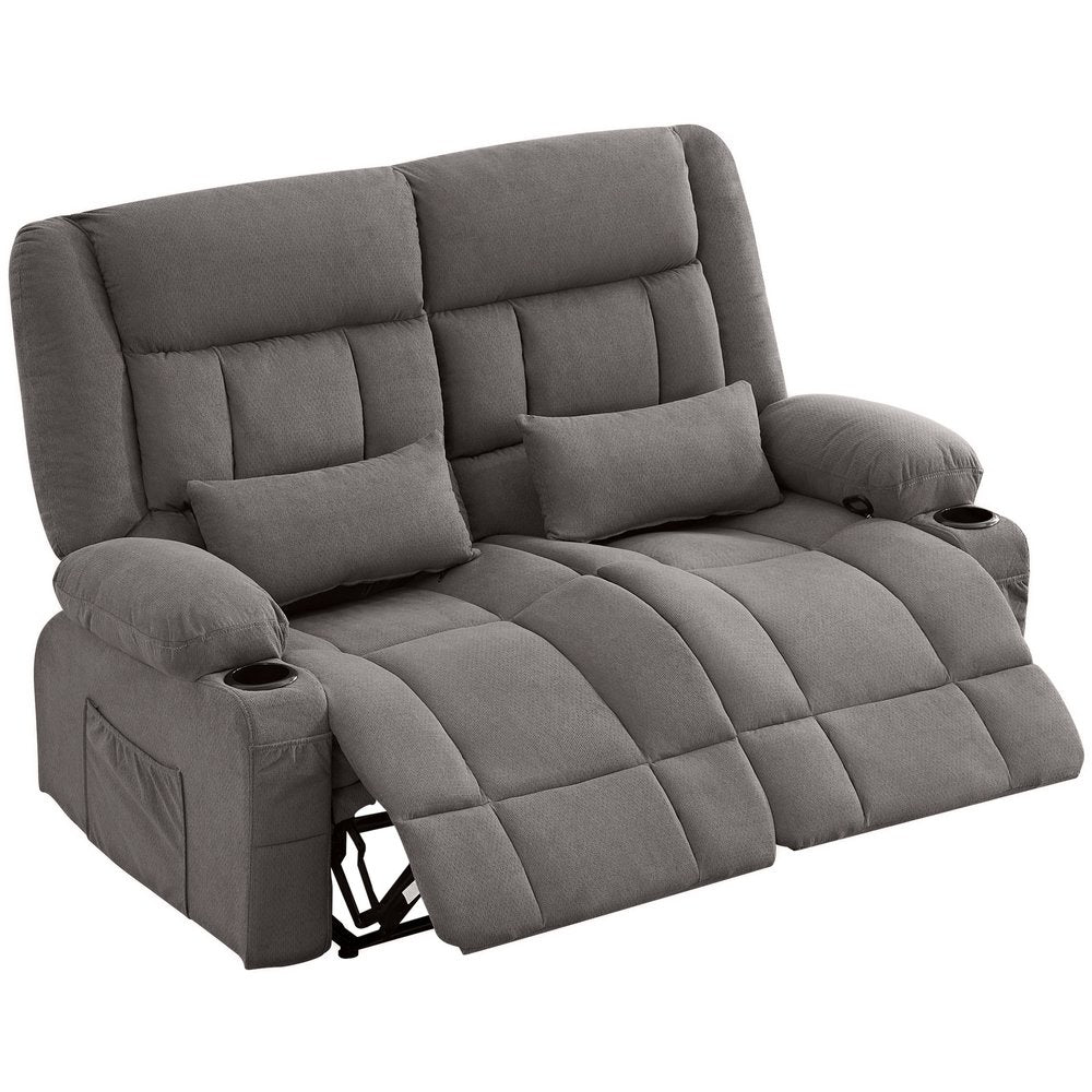 47" Slate Blue and Black Microfiber Manual Reclining Loveseat With Storage and Toss Pillows