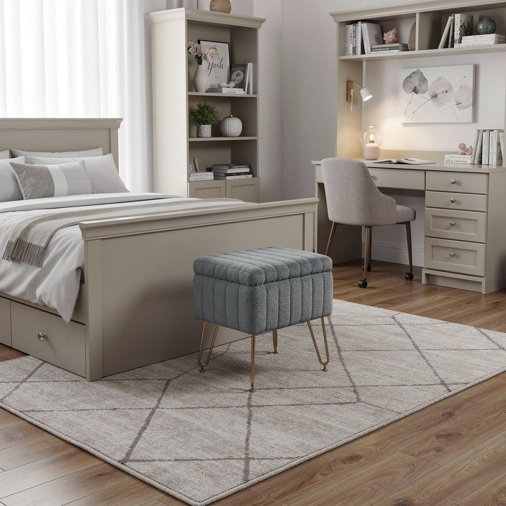 16" Gray and Gold Faux Fur Storage Ottoman