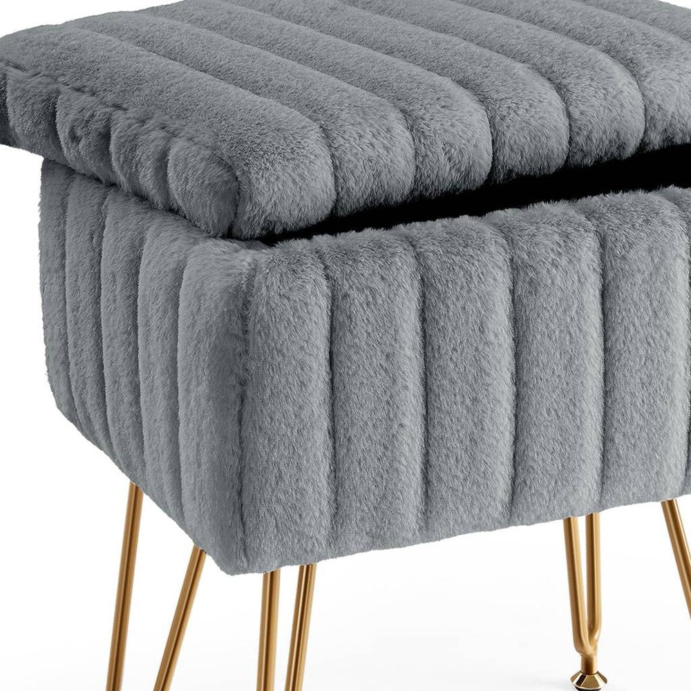 16" Gray and Gold Faux Fur Storage Ottoman