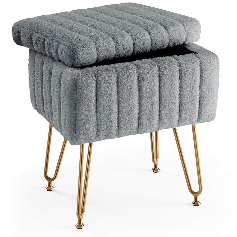 16" Gray and Gold Faux Fur Storage Ottoman