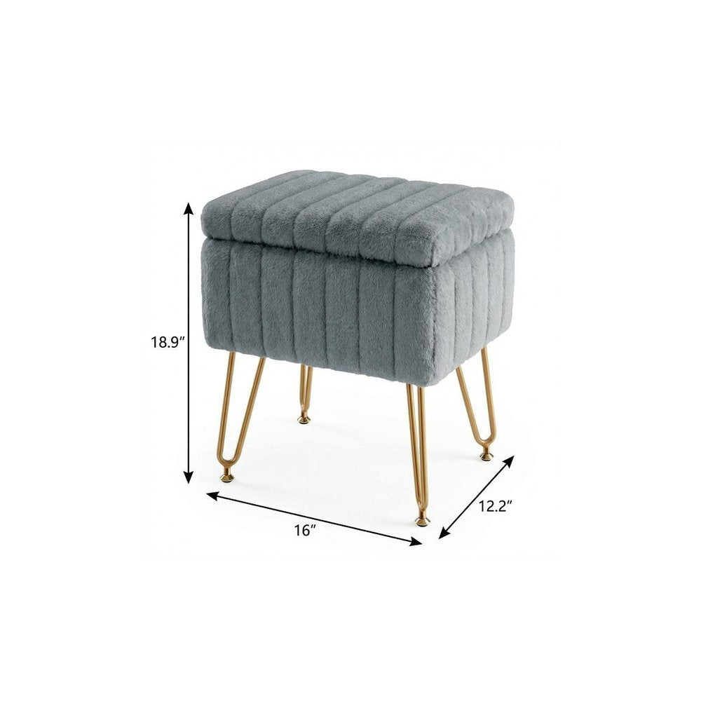 16" Gray and Gold Faux Fur Storage Ottoman