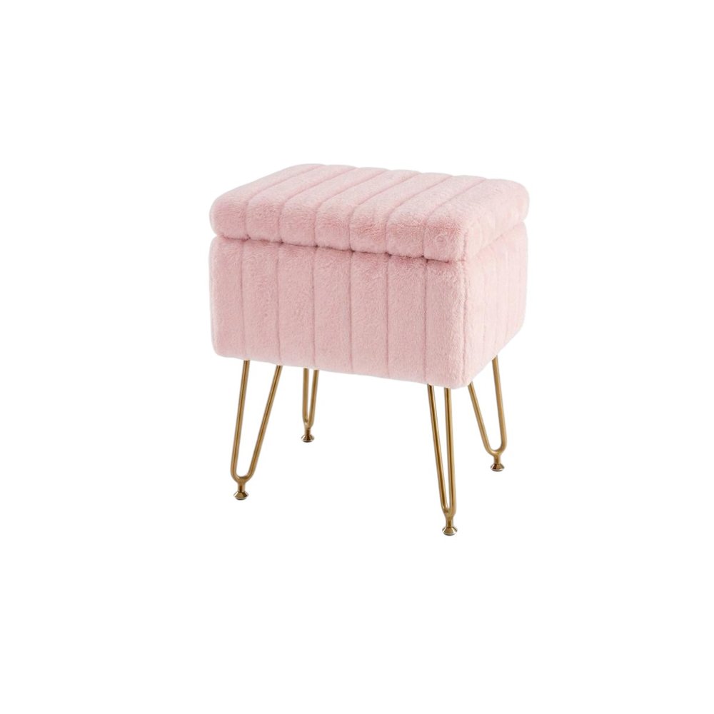 16" Gray and Gold Faux Fur Storage Ottoman