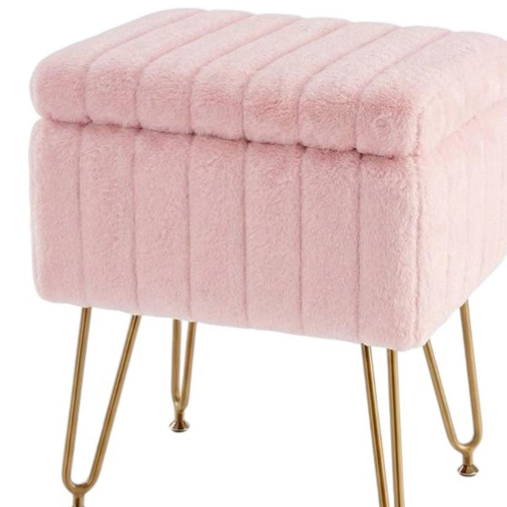 16" Gray and Gold Faux Fur Storage Ottoman