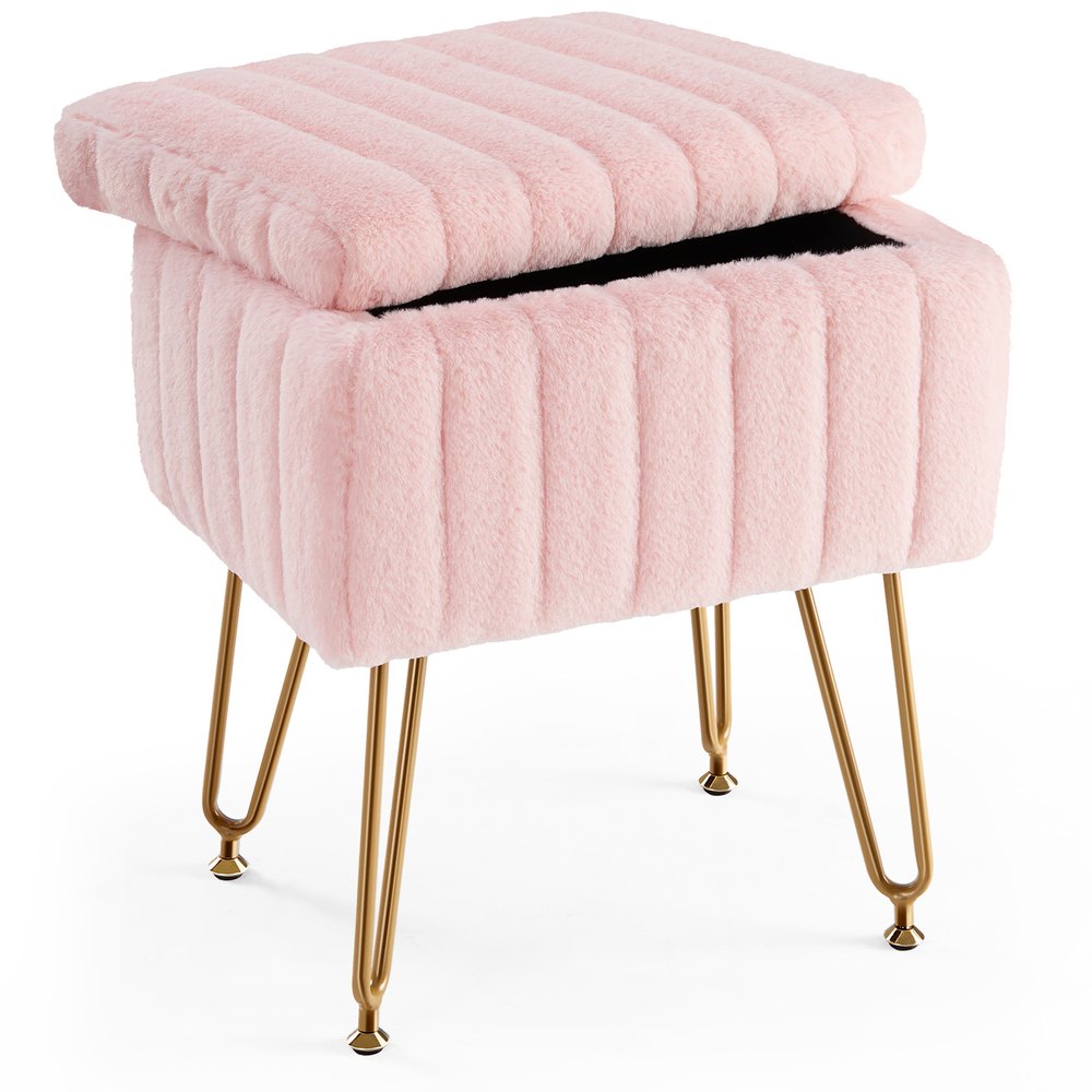 16" Gray and Gold Faux Fur Storage Ottoman