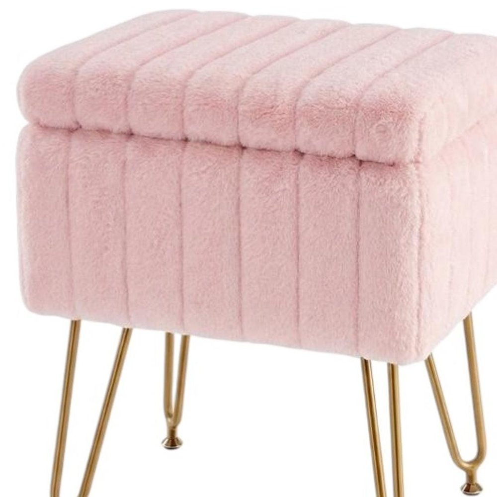 16" Gray and Gold Faux Fur Storage Ottoman