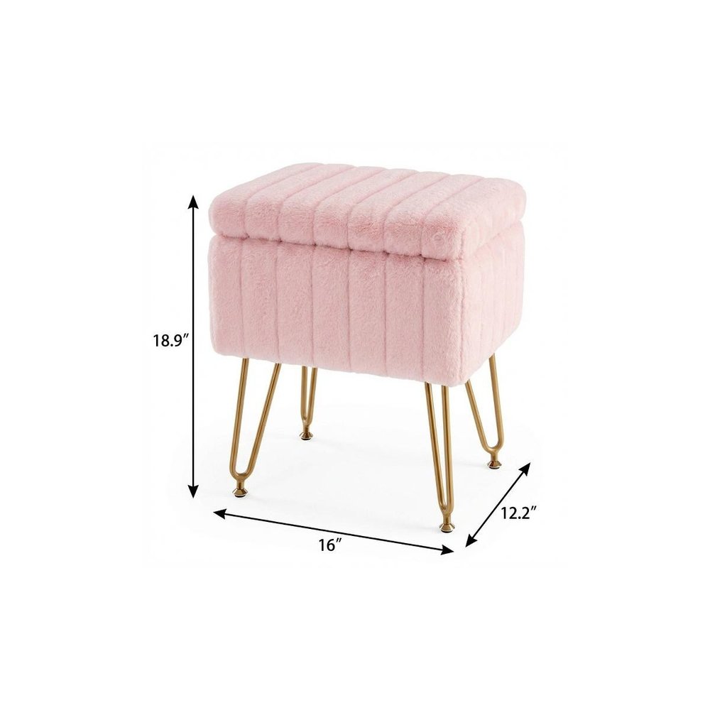 16" Gray and Gold Faux Fur Storage Ottoman
