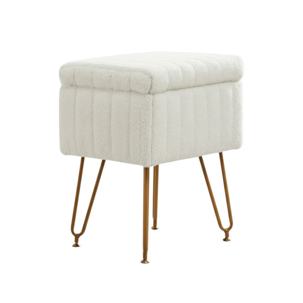 16" Gray and Gold Faux Fur Storage Ottoman