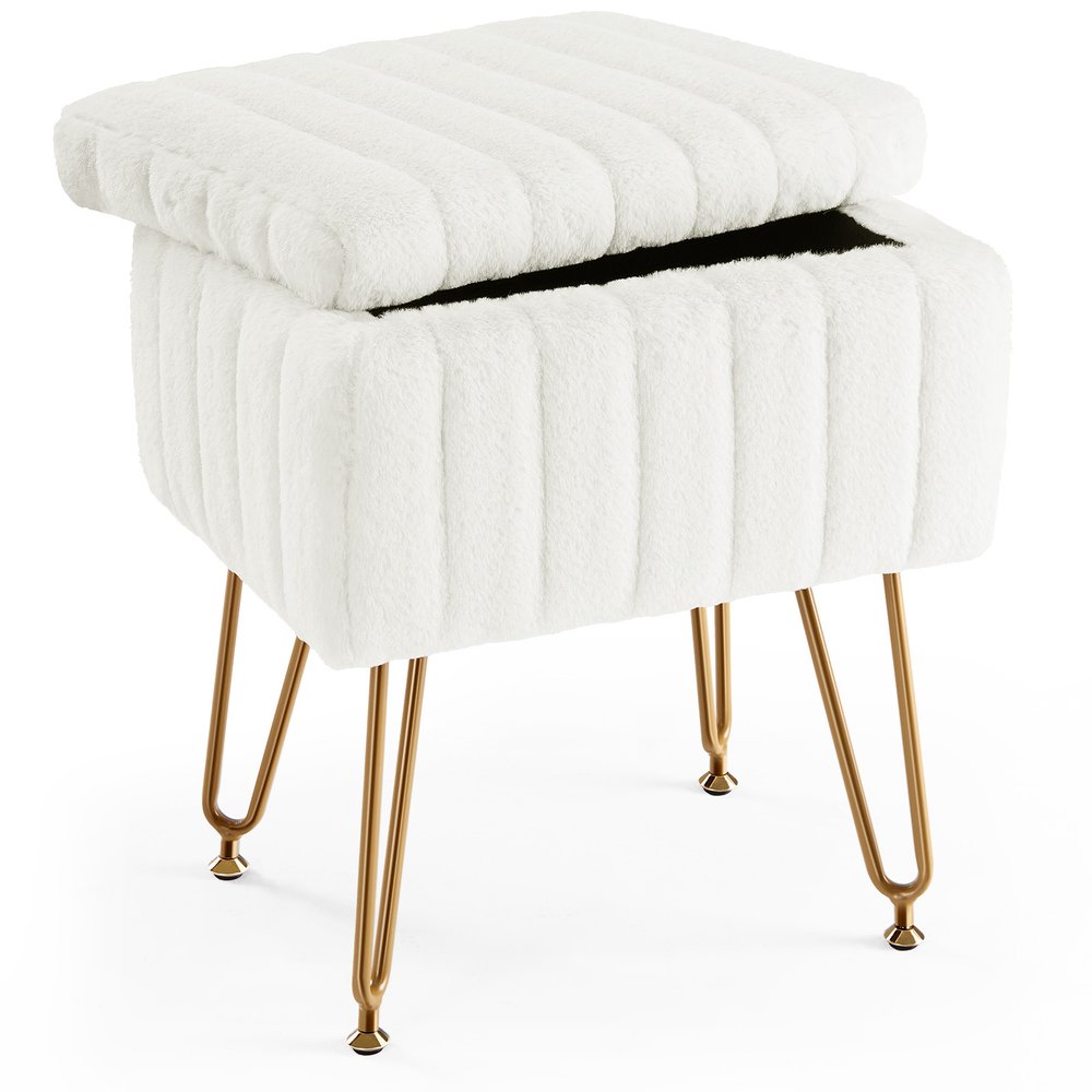 16" Gray and Gold Faux Fur Storage Ottoman