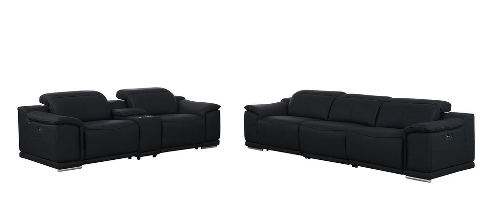 Two Piece Black Genuine Leather Five Person Seating Set