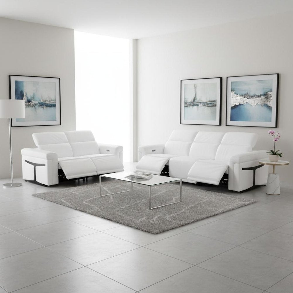 Two Piece White Italian Leather Five Person Seating Set