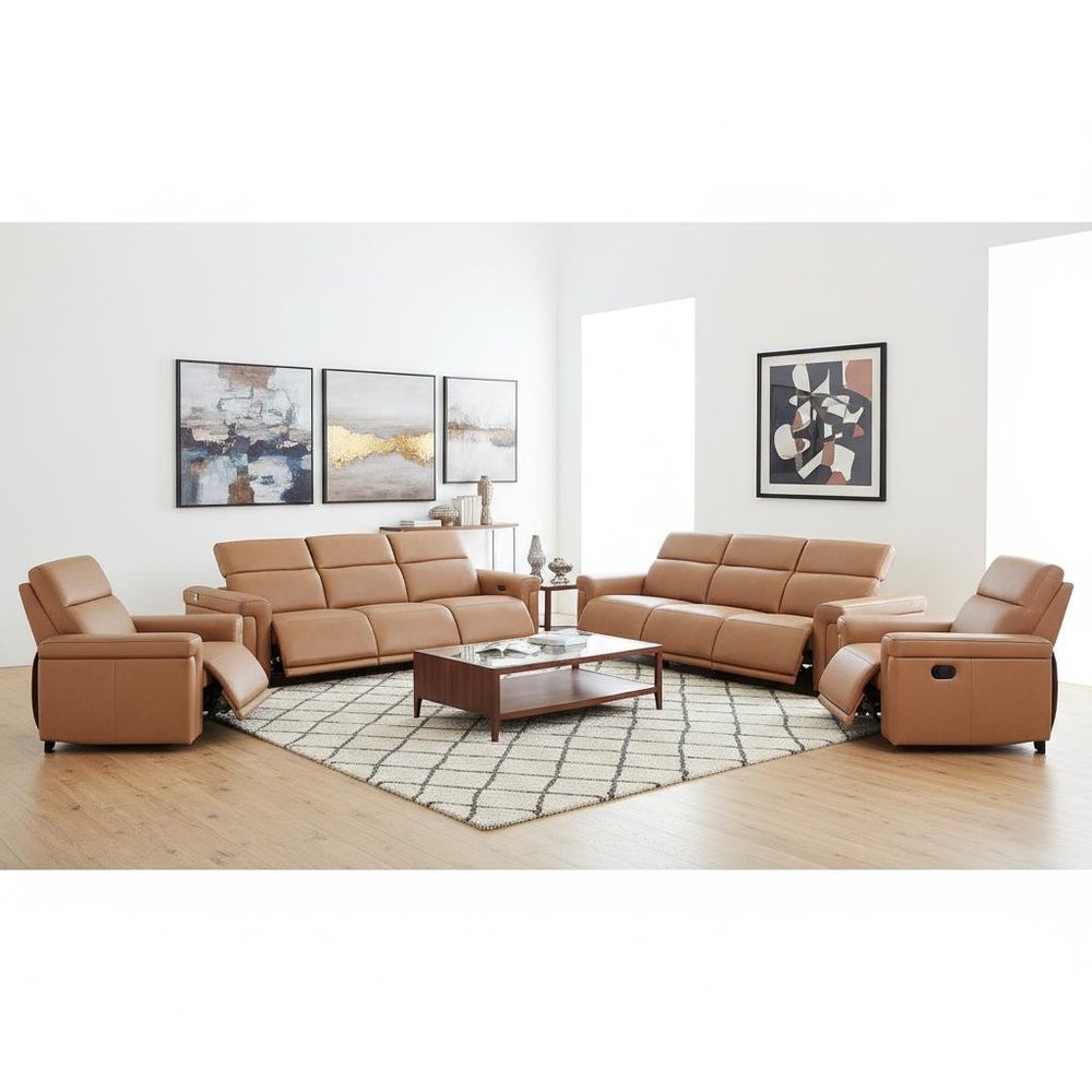 Two Piece Chestnut Italian Leather Five Person Seating Set
