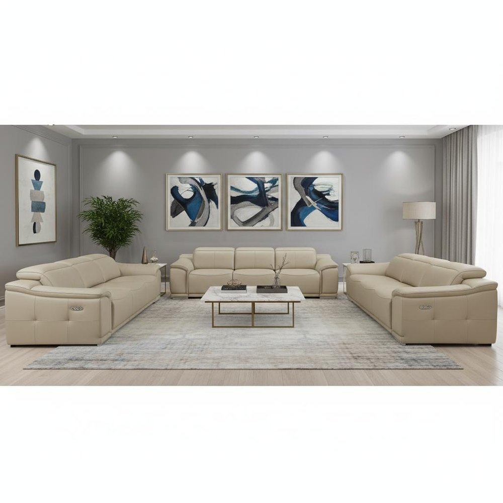Three Piece Beige Genuine Leather Six Person Seating Set