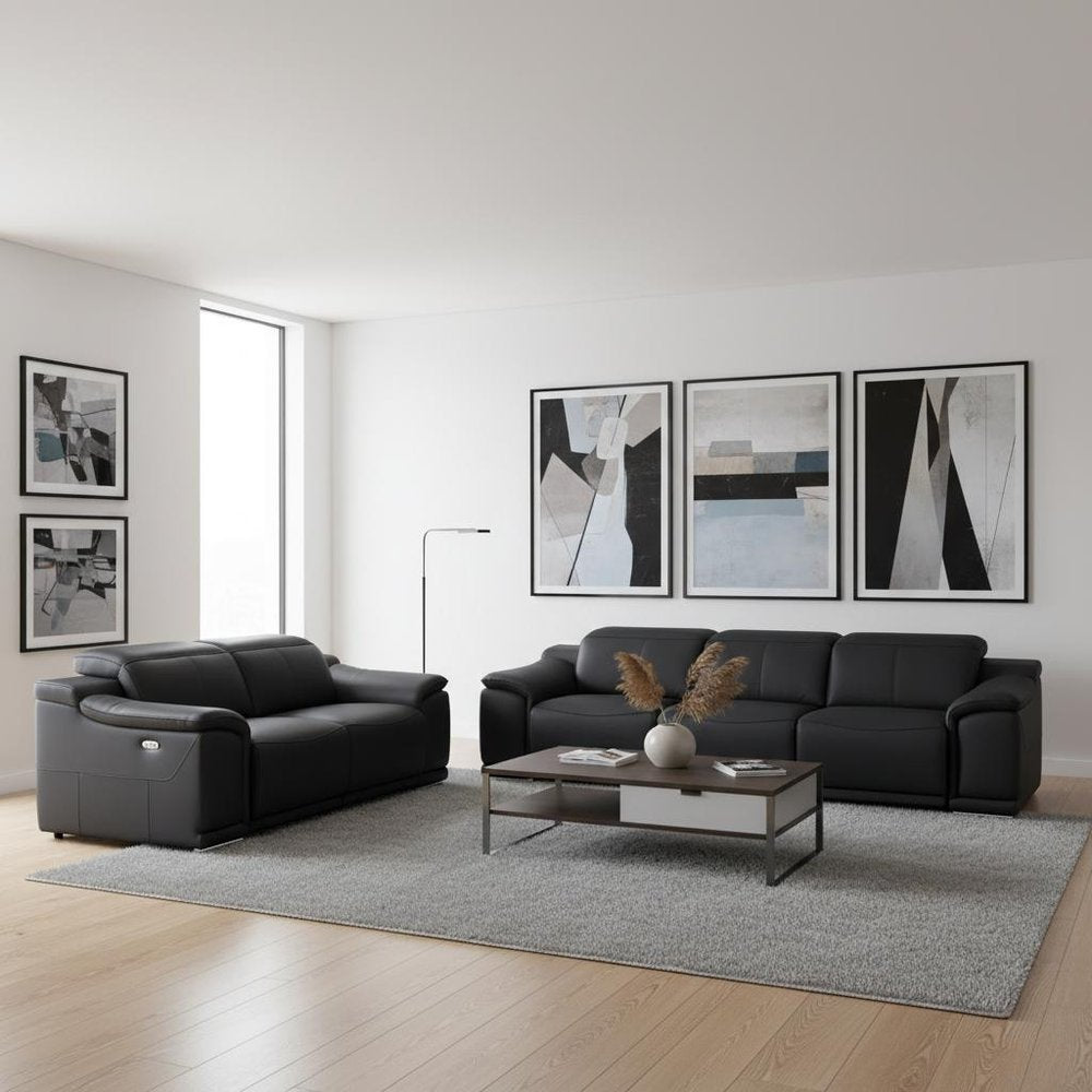 Three Piece Black Genuine Leather Six Person Seating Set