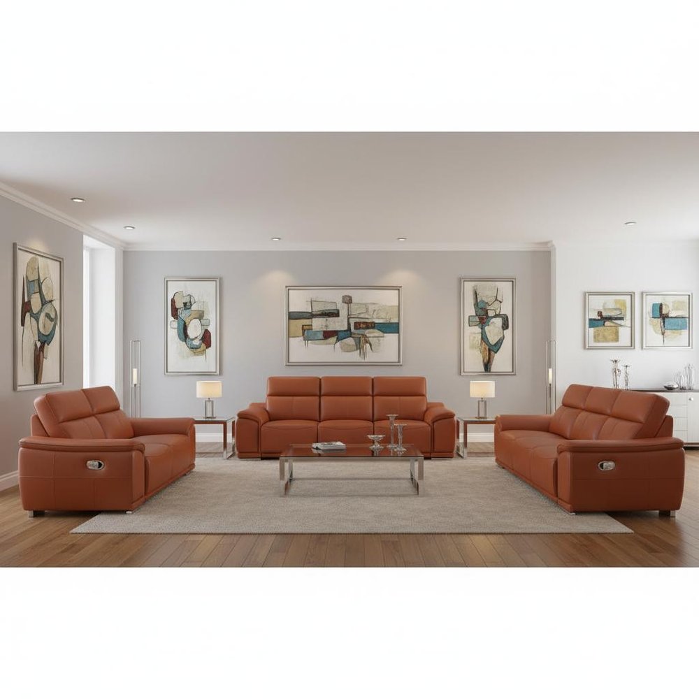 Three Piece Camel Genuine Leather Six Person Seating Set