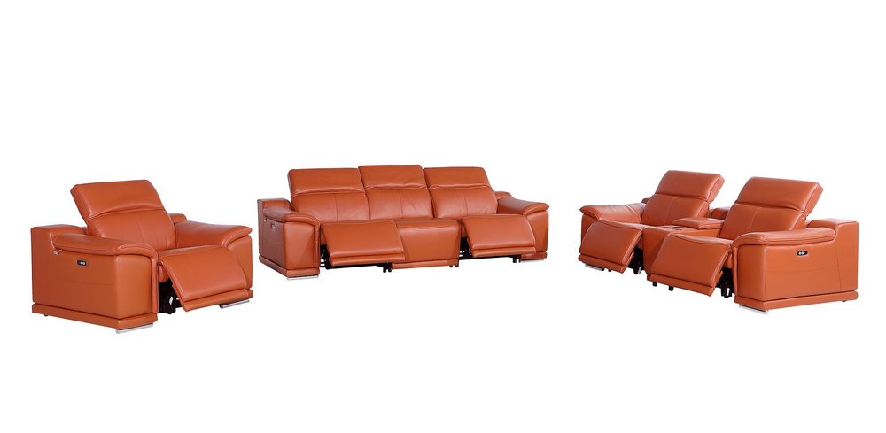 Three Piece Camel Genuine Leather Six Person Seating Set