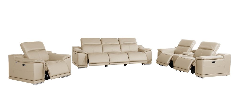 Three Piece Beige Genuine Leather Six Person Seating Set