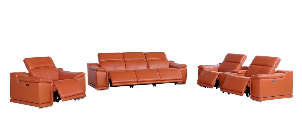 Three Piece Camel Genuine Leather Six Person Seating Set