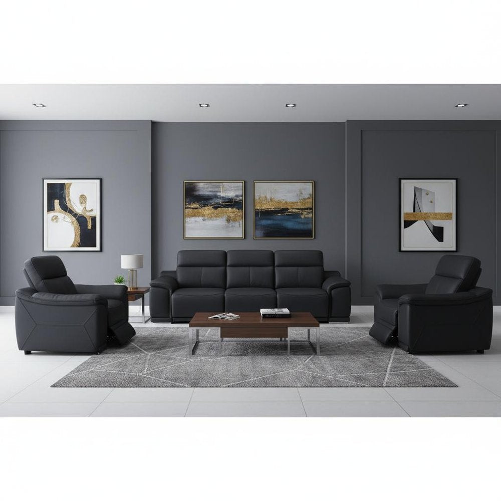 Three Piece Black Genuine Leather Six Person Seating Set