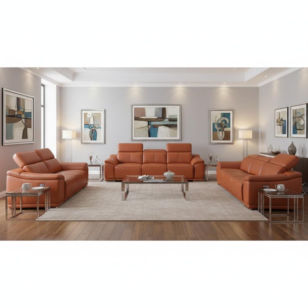 Three Piece Camel Genuine Leather Six Person Seating Set
