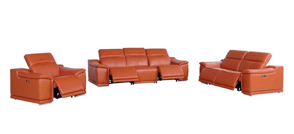 Three Piece Camel Genuine Leather Six Person Seating Set