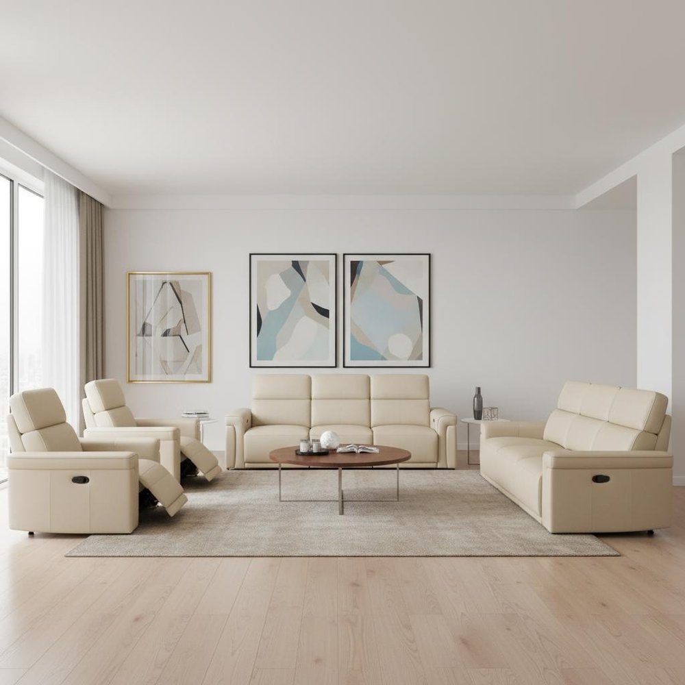 Three Piece Beige Italian Leather Six Person Seating Set