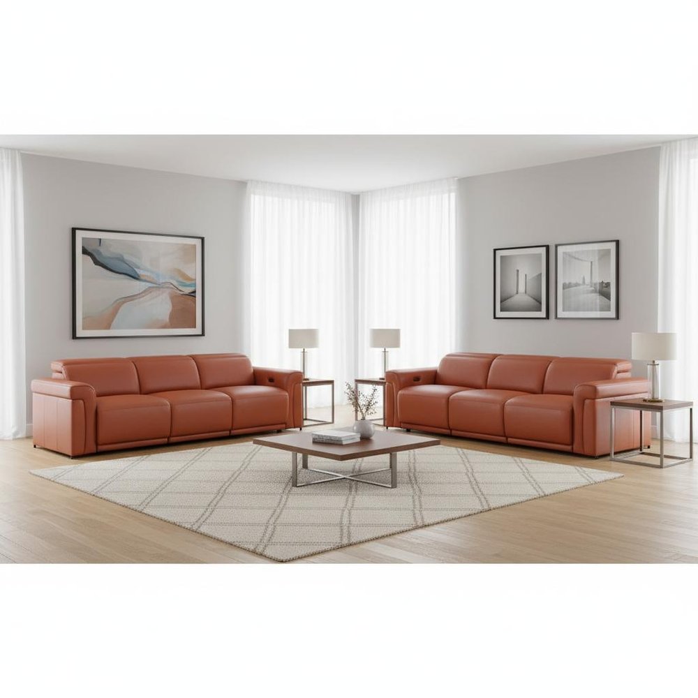 Three Piece Camel Italian Leather Six Person Seating Set
