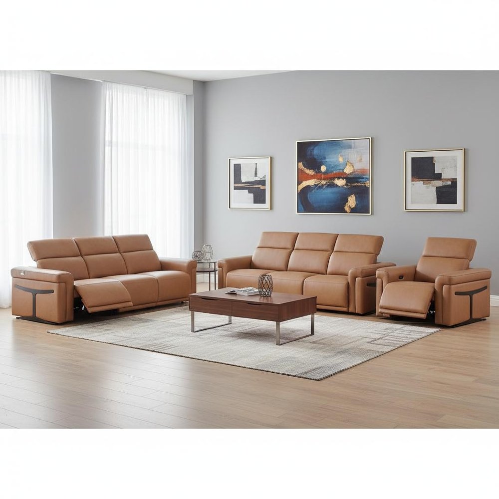Three Piece Chestnut Italian Leather Six Person Seating Set