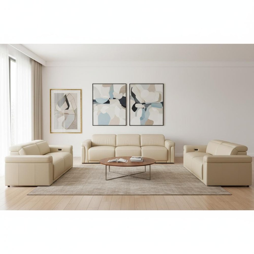Three Piece Beige Italian Leather Six Person Seating Set