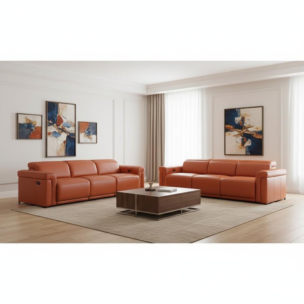 Three Piece Camel Italian Leather Six Person Seating Set