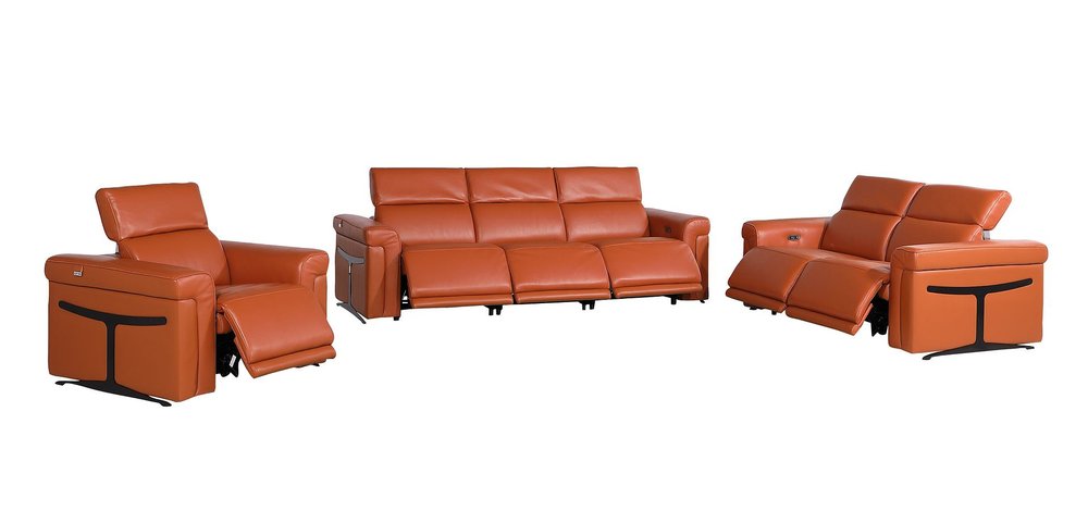 Three Piece Camel Italian Leather Six Person Seating Set
