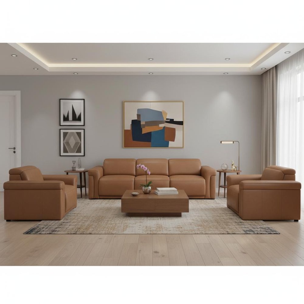 Three Piece Chestnut Italian Leather Six Person Seating Set