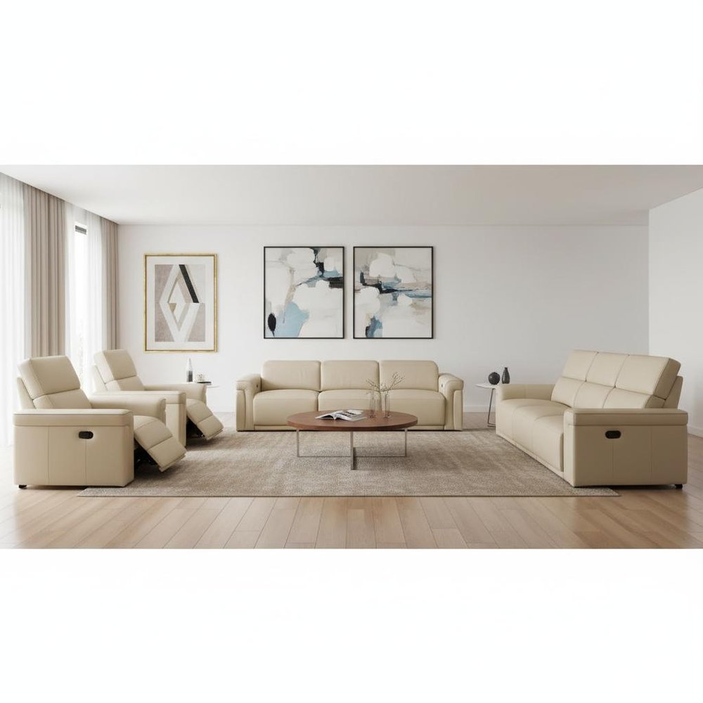 Three Piece Beige Italian Leather Six Person Seating Set