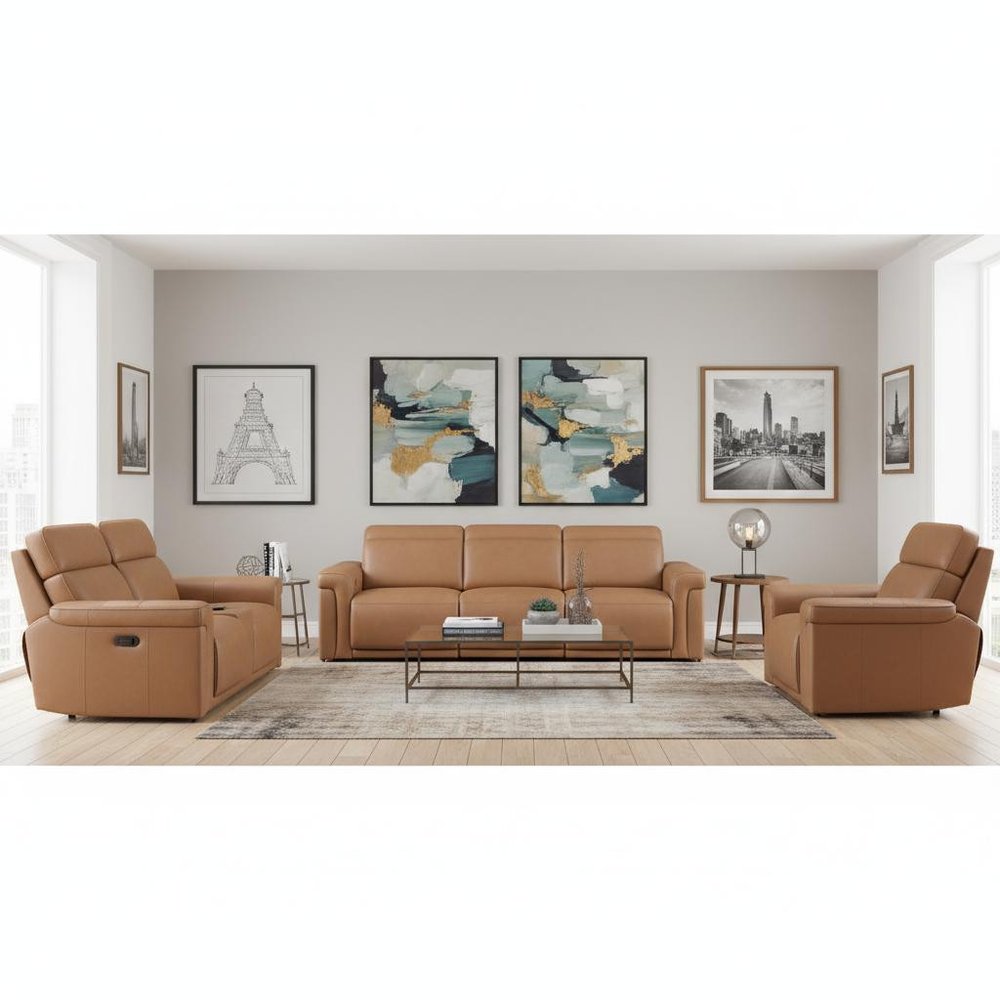 Three Piece Chestnut Italian Leather Six Person Seating Set