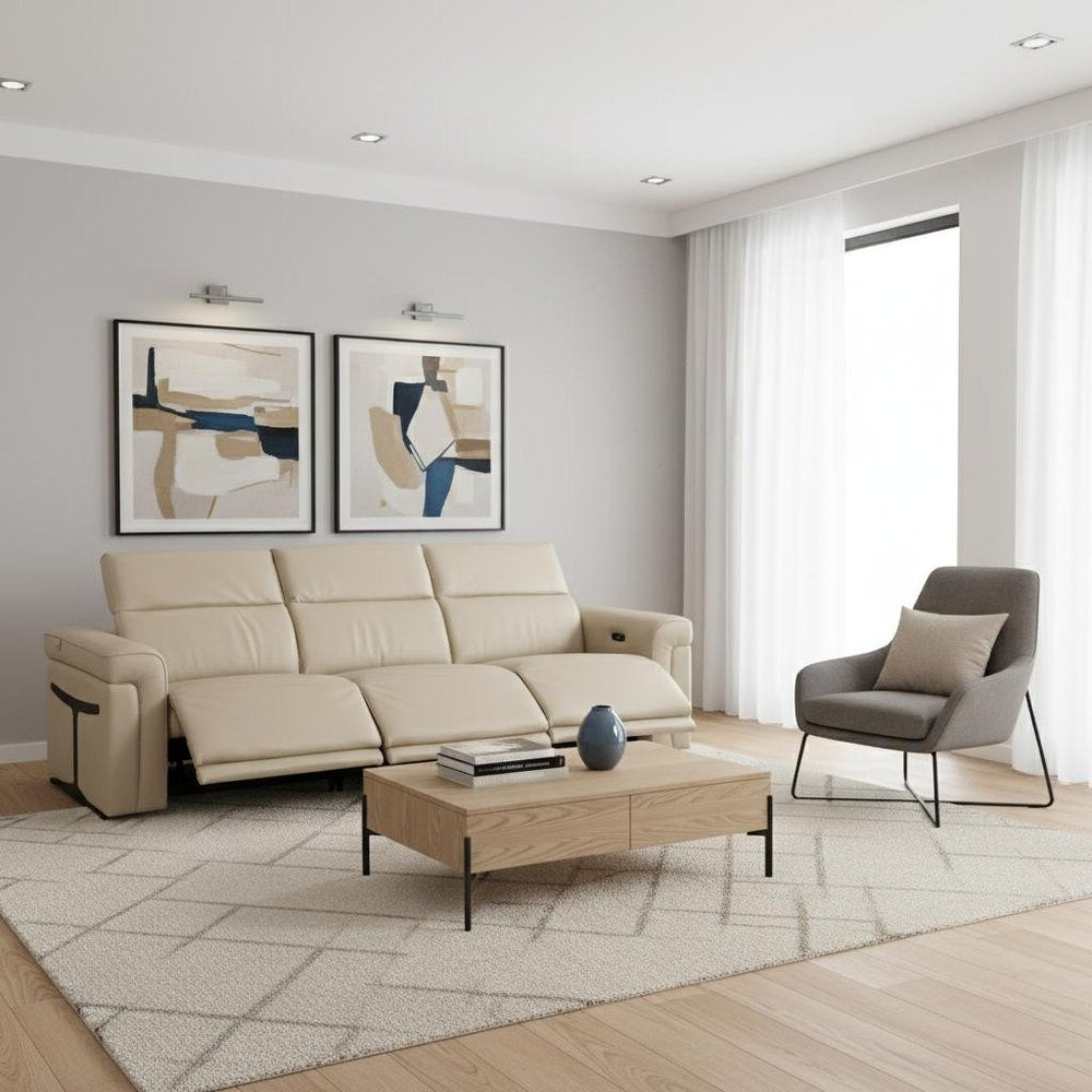 Three Piece Beige Italian Leather Six Person Seating Set