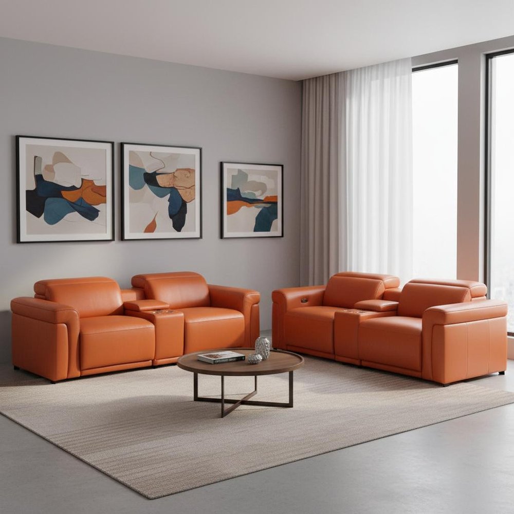 Three Piece Camel Italian Leather Six Person Seating Set